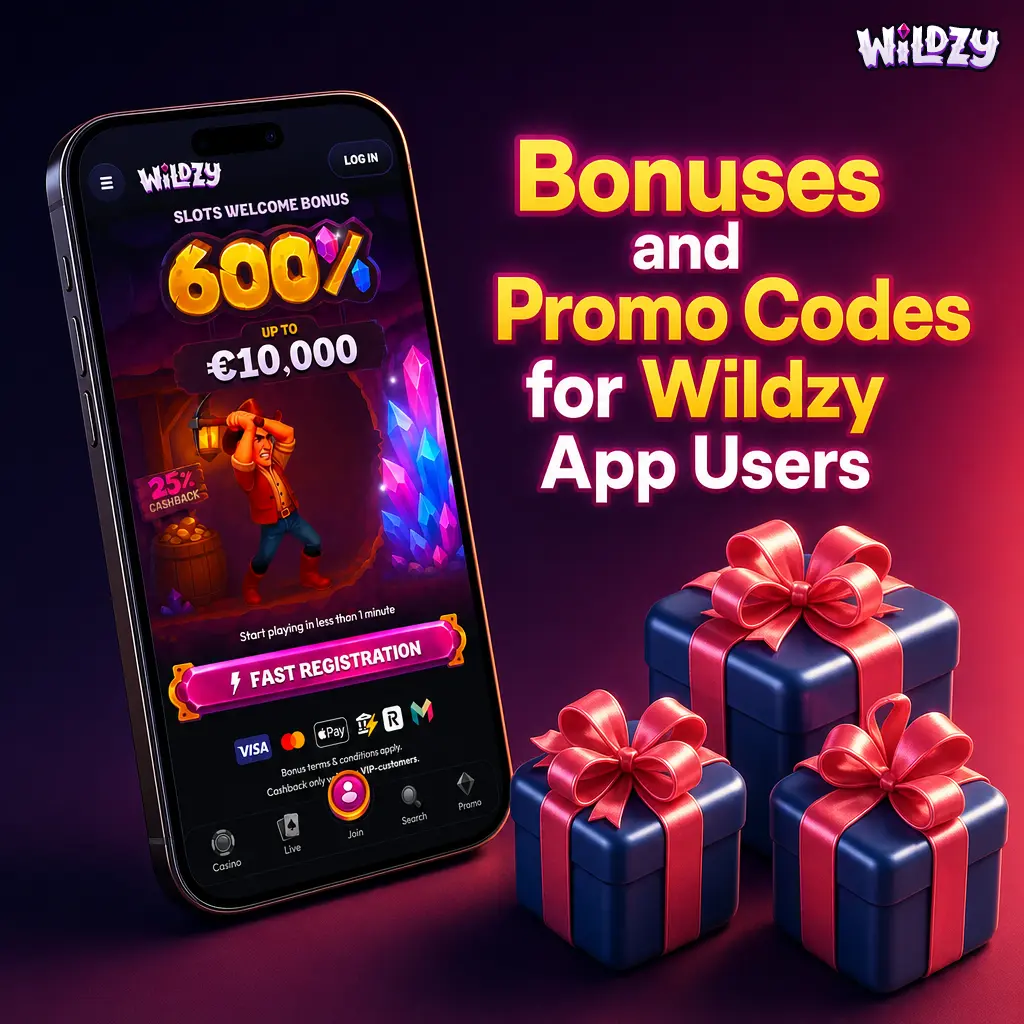 Wildzy app promotions screen showing 200% welcome bonus up to 1,000 GBP and promo code entry in Cashier