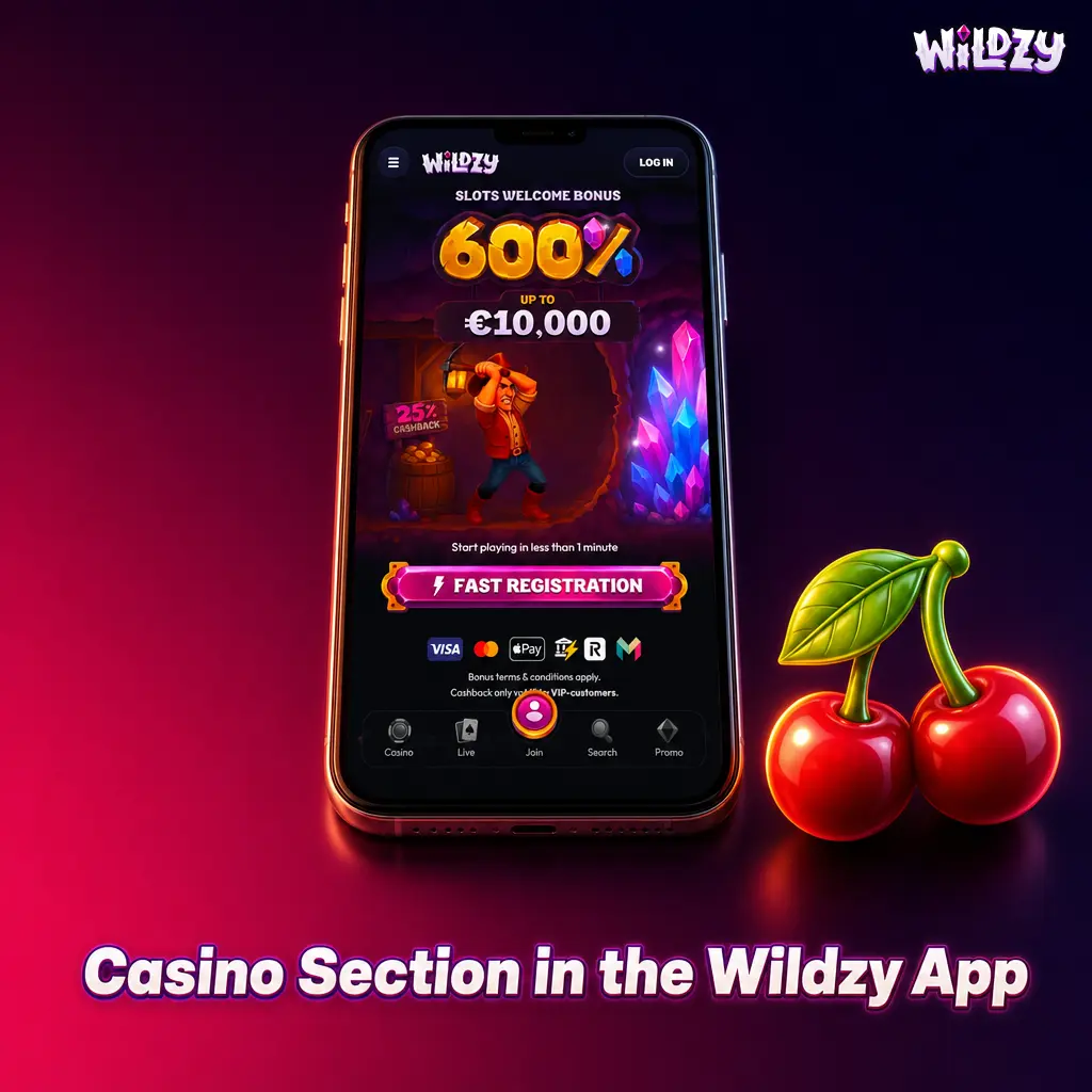 Wildzy app casino section showing slots, live dealer tables, crash games, and sports betting on mobile