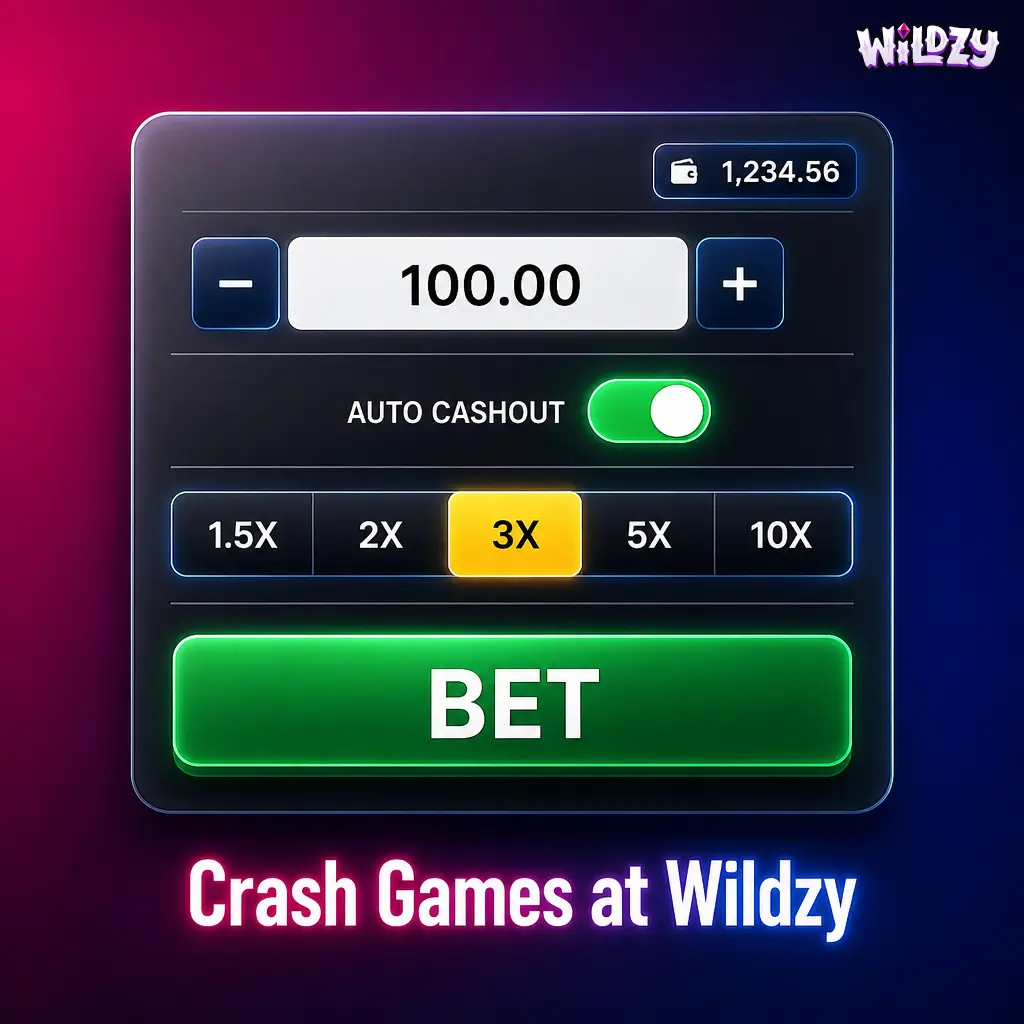 Wildzy crash games lobby showing rising multiplier with cash out button on mobile screen