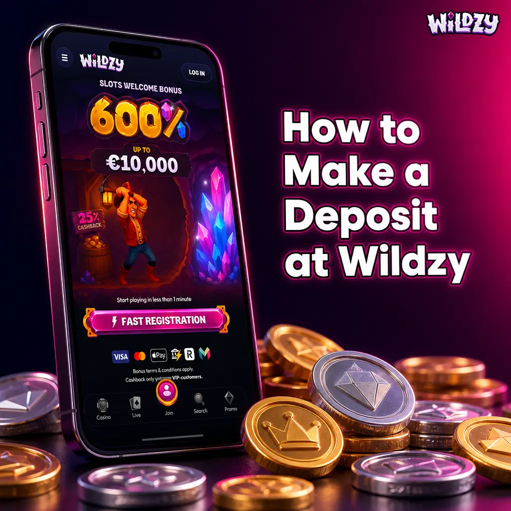 Wildzy casino deposit guide showing payment methods including Visa, Mastercard, Apple Pay, Revolut and crypto options