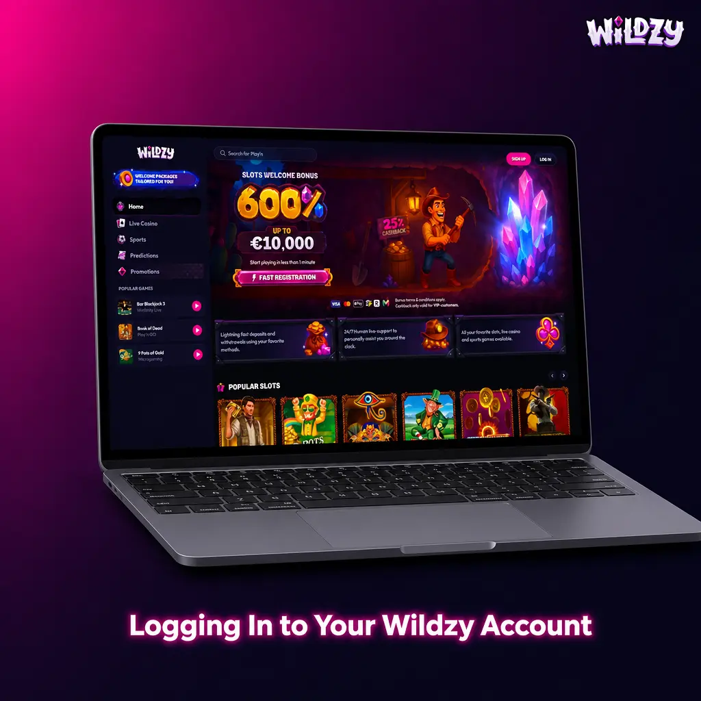 Wildzy account login screen showing email or phone number field, password entry, and two-factor authentication security option