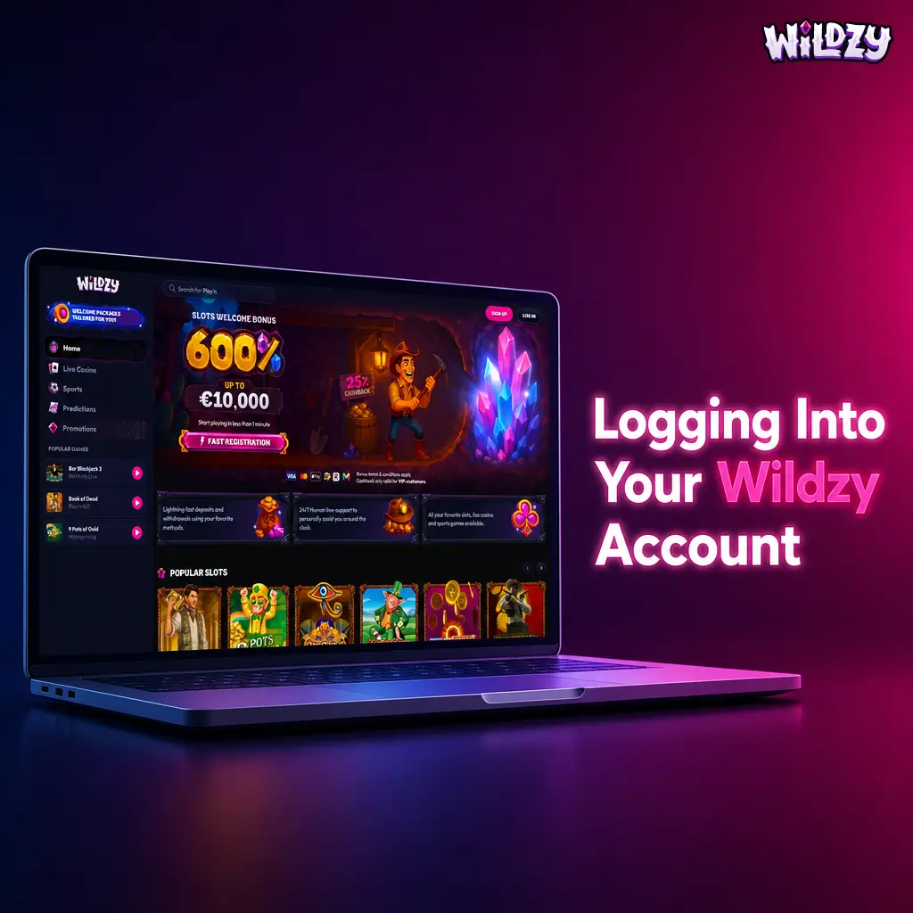 Wildzy account login page showing Sign In button, email and password fields, and two-factor authentication prompt