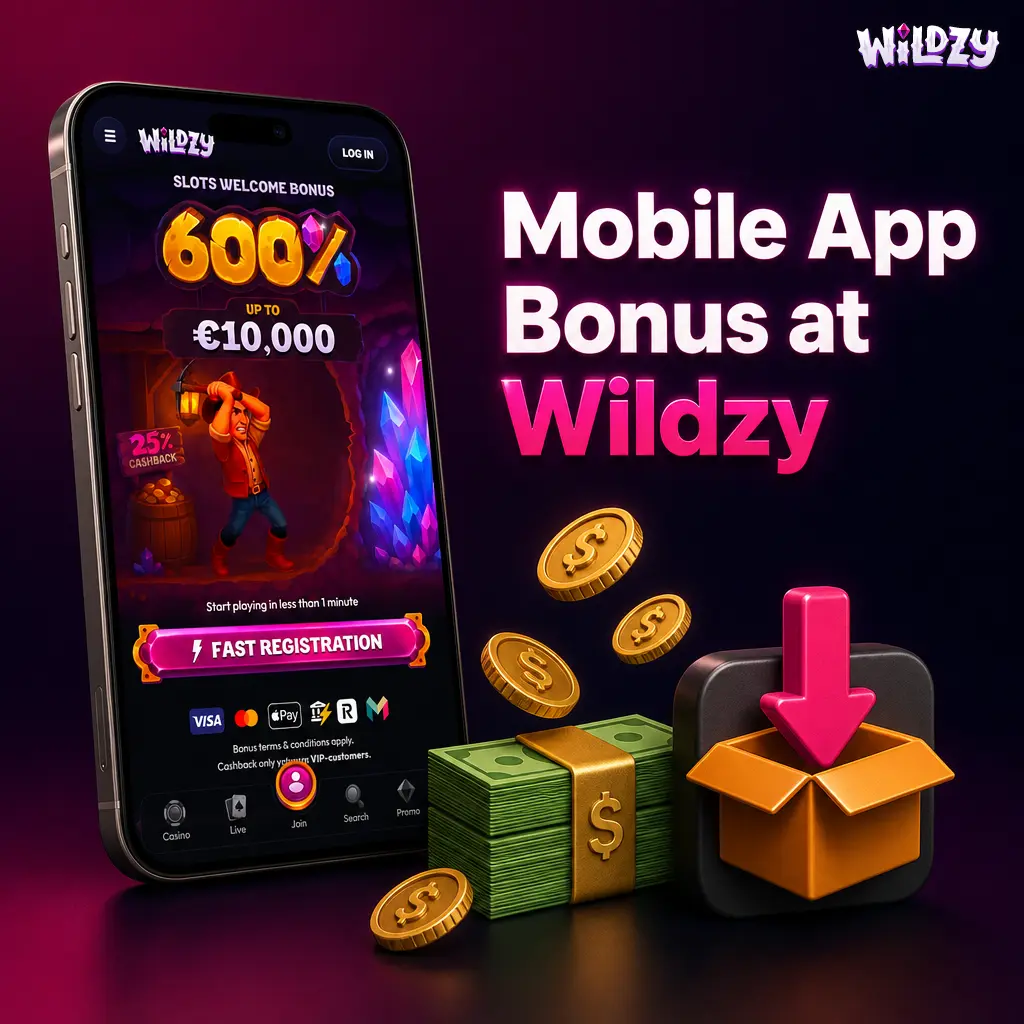 Wildzy mobile app bonus for Android and iOS users with exclusive welcome incentive on first login