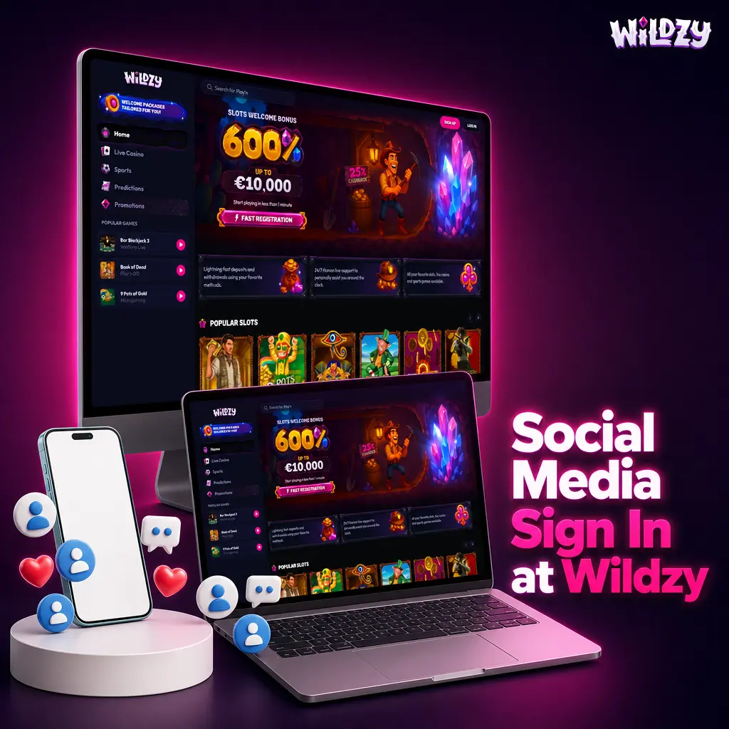 Social media sign-in icons for Google and Telegram on Wildzy login screen, enabling quick 2-second passwordless authentication