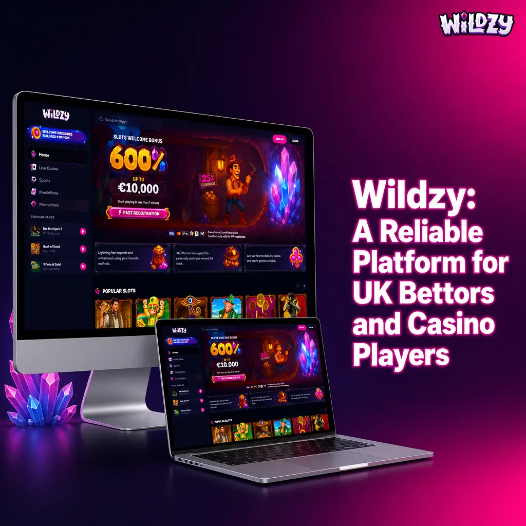 Wildzy platform interface showing sports betting markets and casino games for UK players on mobile and desktop