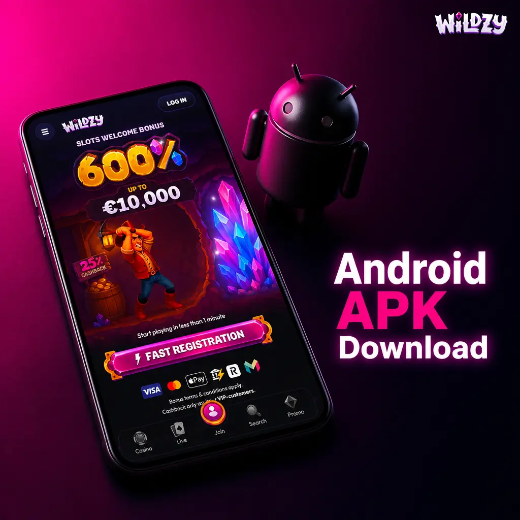 Wildzy Android APK download file for real-money gambling app, bypassing Google Play Store restrictions