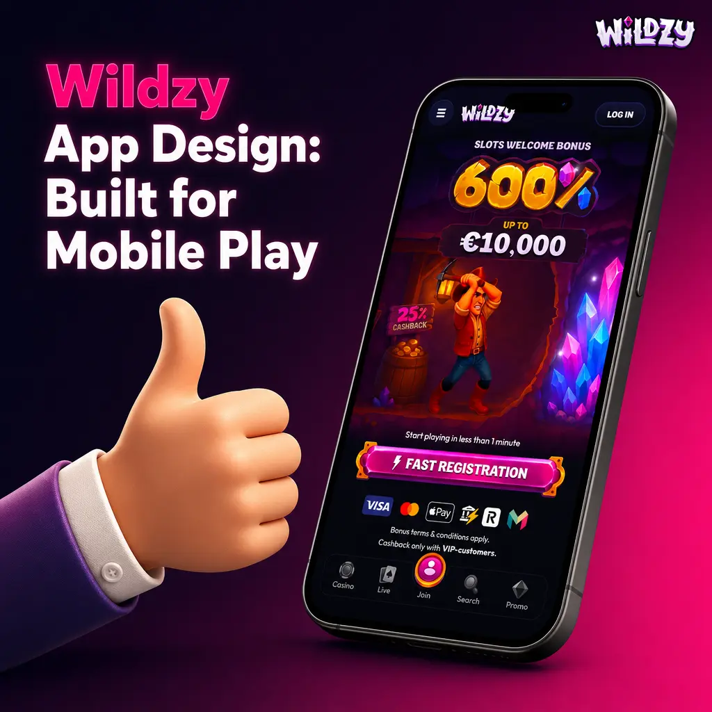 Wildzy mobile app interface showing navy and pink design with bottom navigation bar for sports betting and casino access