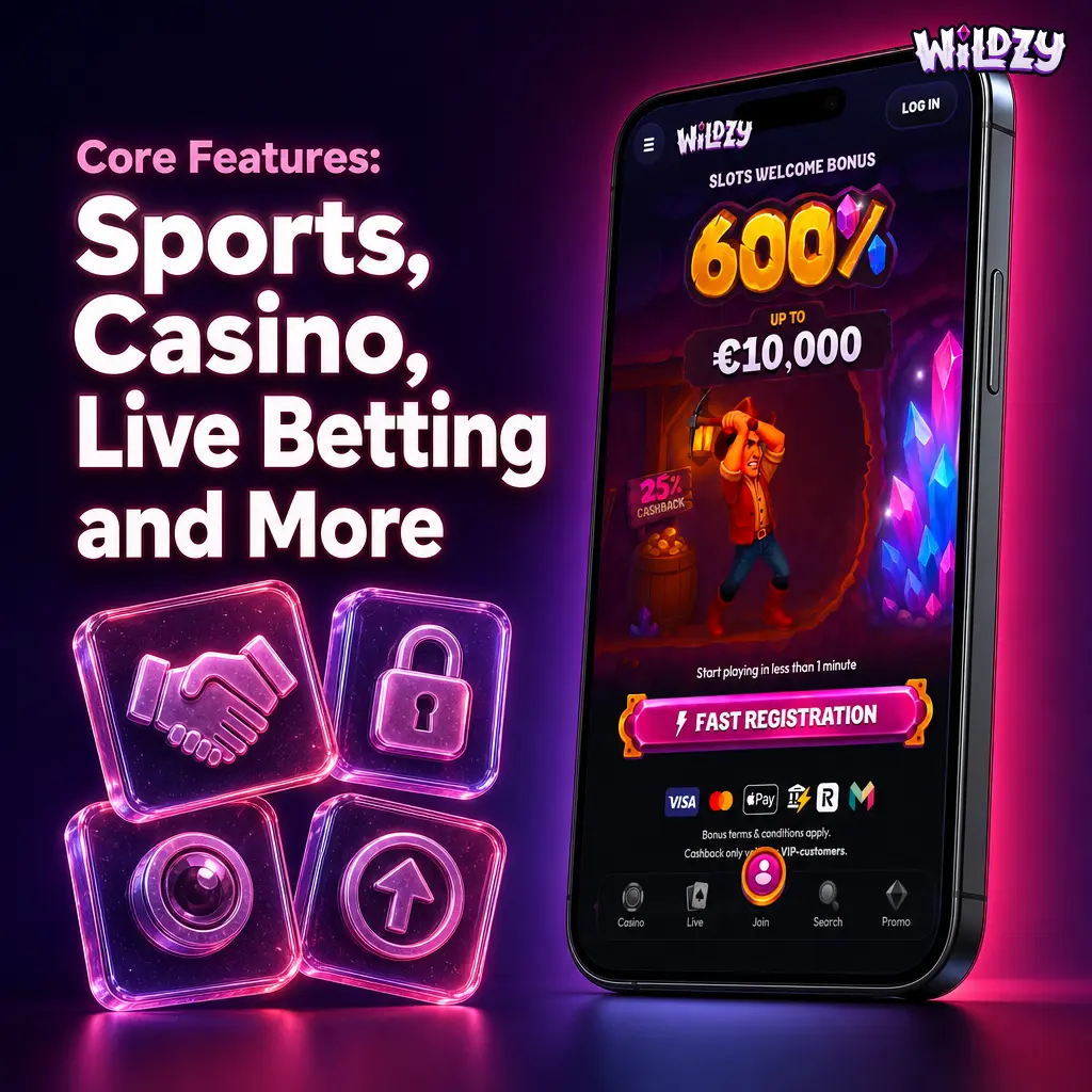 Wildzy mobile app showing sports betting, casino games, live dealer tables, and bonus features on one screen
