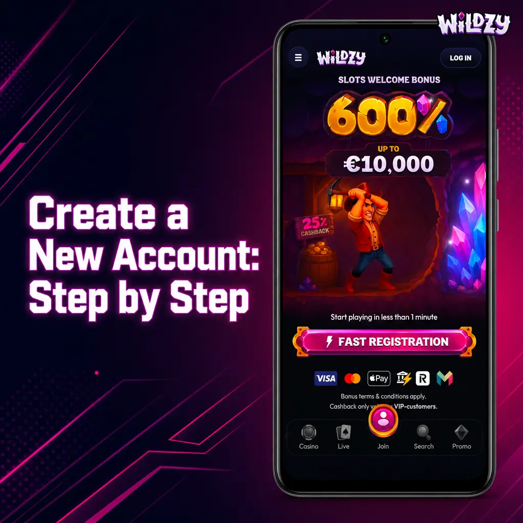 Step-by-step Wildzy account registration process showing email, password, KYC details, currency selection, and email verification