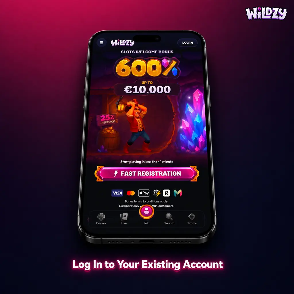 Wildzy app login screen showing email, password entry fields and biometric login options for returning players