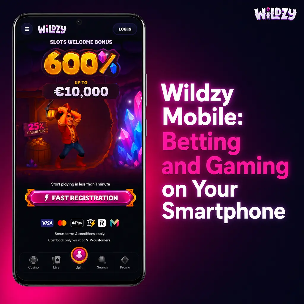 Wildzy mobile app on smartphone showing sports betting, live casino and slots with Android and iOS download options