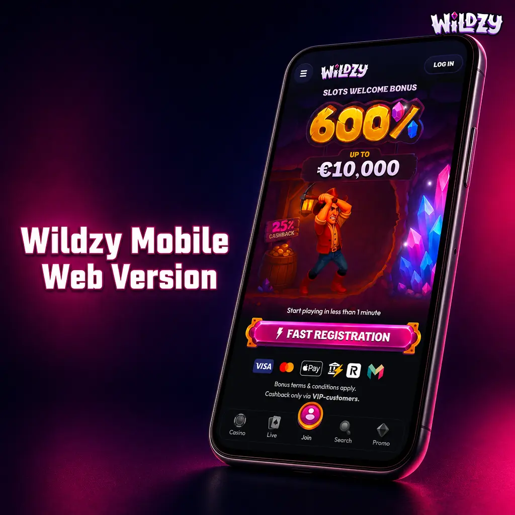 Wildzy mobile web version displayed on a smartphone browser with full betting and casino features accessible