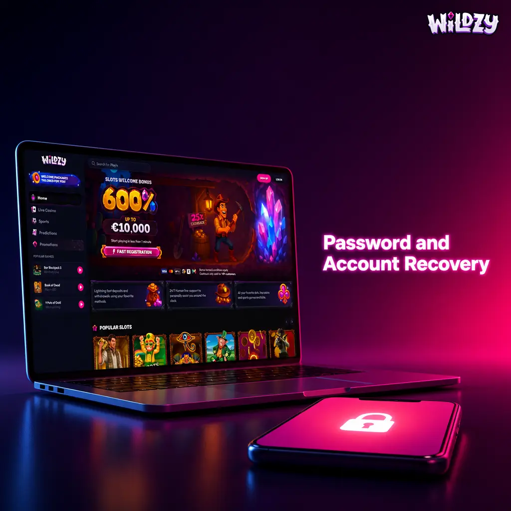 Wildzy casino password and account recovery process showing reset steps via email or phone verification