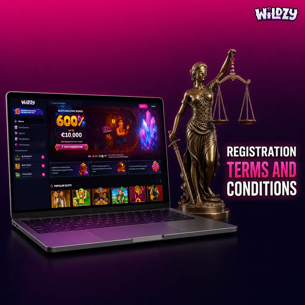 Wildzy registration terms showing one account per person policy with rules on false info and duplicate account consequences