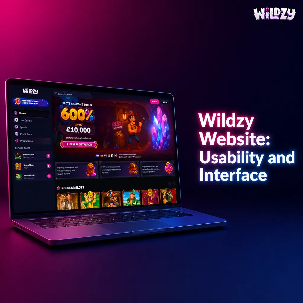 Wildzy website interface showing dark navy and pink colour scheme with clear navigation tabs for sports, casino, and promotions
